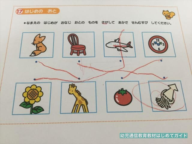 幼児向け通信教育「モコモコゼミ」の教材一例(名前のはじめが同じ物を選ぶ問題)