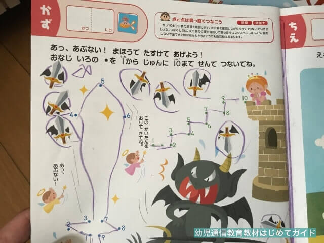通信教育「幼児ポピー」あかどり（年中）の数字学習・点つなぎの問題